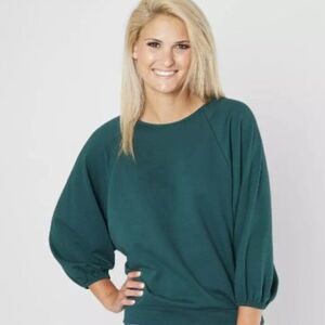 Good Luck Gem Sweatshirt Top Womens Medium Teal Green Fleece Balloon Sleeve